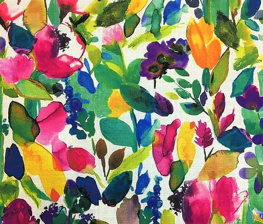 Watercolour upholstery fabric with a colorful leaf and floral print design.