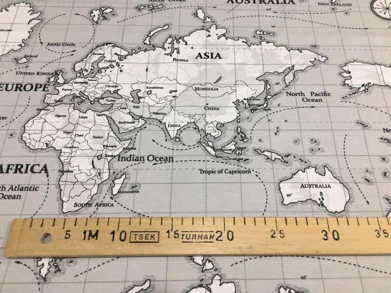 World Map Fabric, Grey Upholstery Fabric